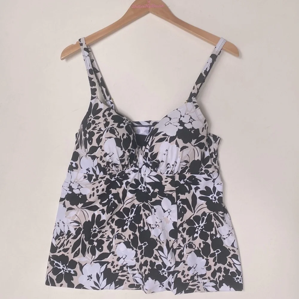 Floral black white & cream Tankini with underwire built in bra‎ support, Size XL